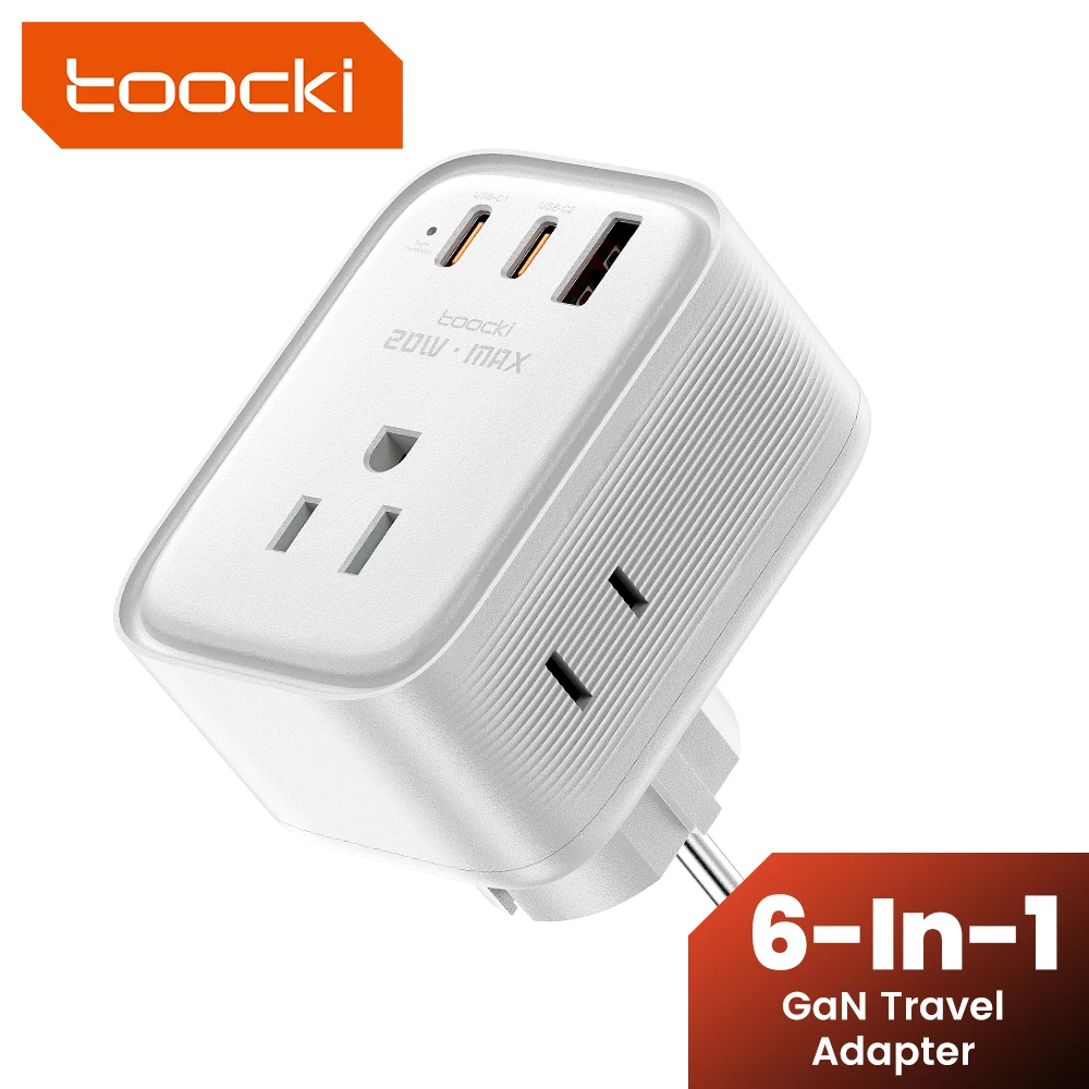 

Toocki Universal USB Adapter 20W Fast Charging 6-in-1 GaN USB Charging Adapter With 3 AC Outlets US UK DE Plug For Home Travel