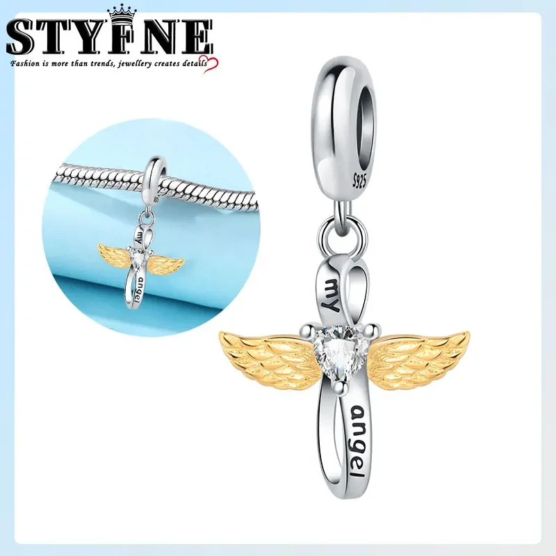 Animals Pets Beads 925 Sterling Silver Golden Angel Wings White Heart Zirconia Infinity Charms Bracelets Jewelry Gift