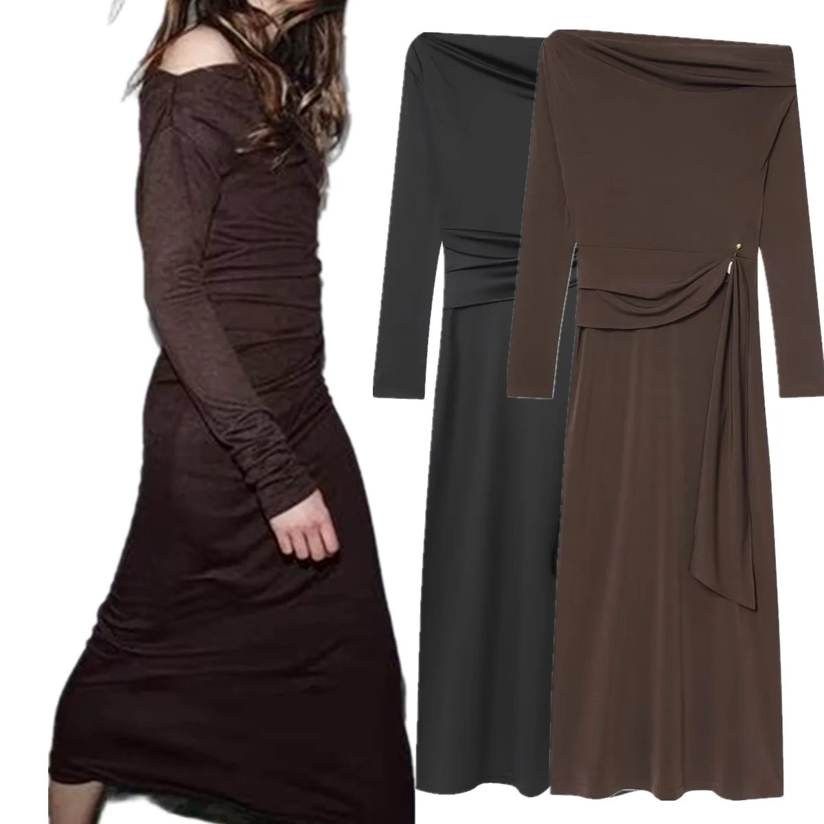 데이브 & 디 프랑스 미니멀리스트 여성 의류 새틴 플리츠 플루트 드레스 여성 블랙 커피 우아한 파티 드레스 베스 티도스 여성 드레스