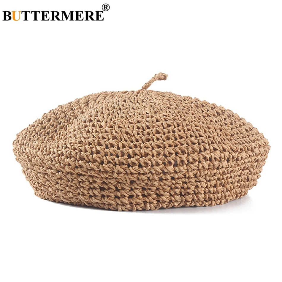 BUTTERMERE 2024 Summer Hats For Woman Straw Berets Female Camel Solid French Artist Hat Ladies Casual Spring Holiday Artist Caps