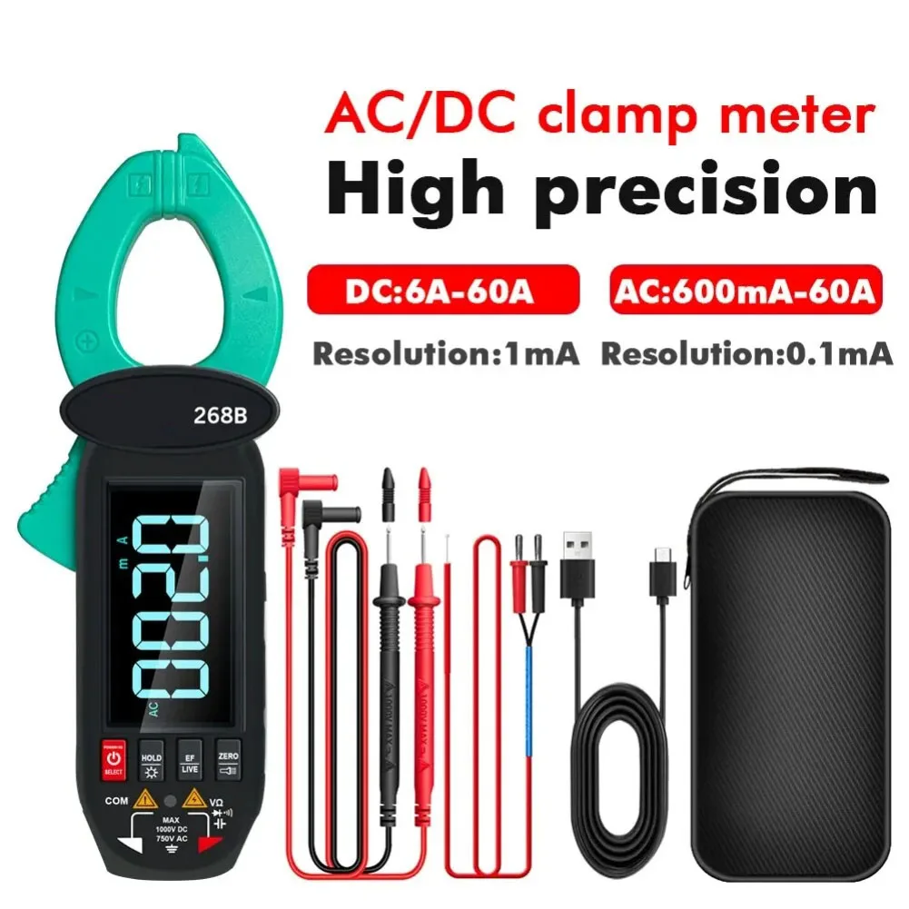 268B True RMS Clamp Meter 60A AC/DC Leakage Current Detector With Auto Range 750V Voltage Tester Rotatable LCD Type-C Rechargeab