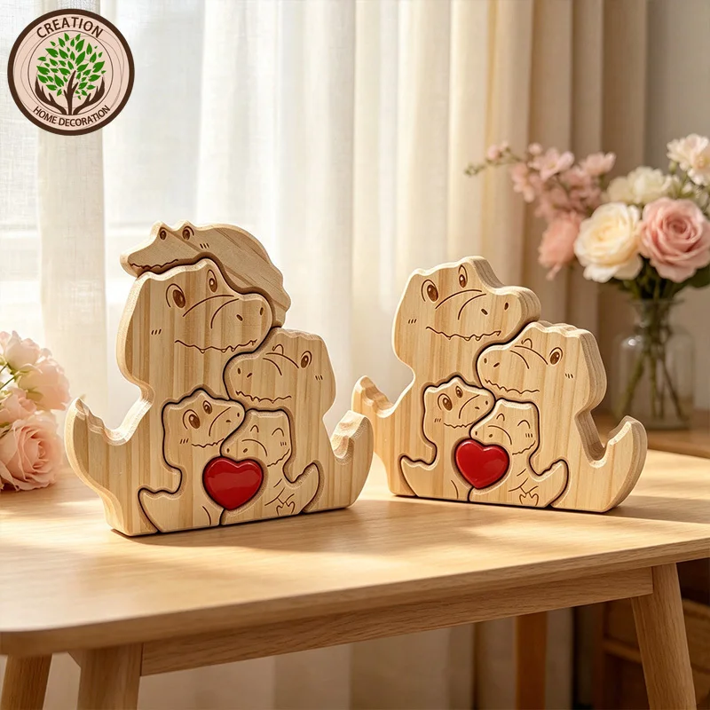 Personalized Custom Name Handcrafted Wooden Dinosaur Family Puzzle Laser Engraved Family Souvenir