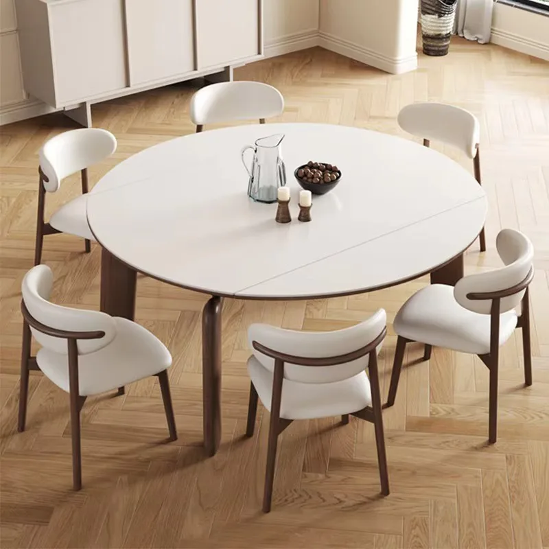 Modern Extendable Round To Oval Dining Table Sintered Stone Tabletop Solid Wood Legs Space-Saving Kitchen Furniture For Home