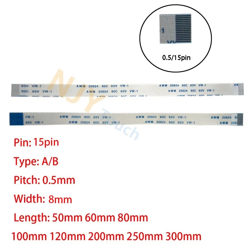 15Pin 0.5mm Pitch FFC FPC AWM 20624 80C 60V VW-1 A B Type Flat Flexible Cable 60/100/150/200/250/300/400mm