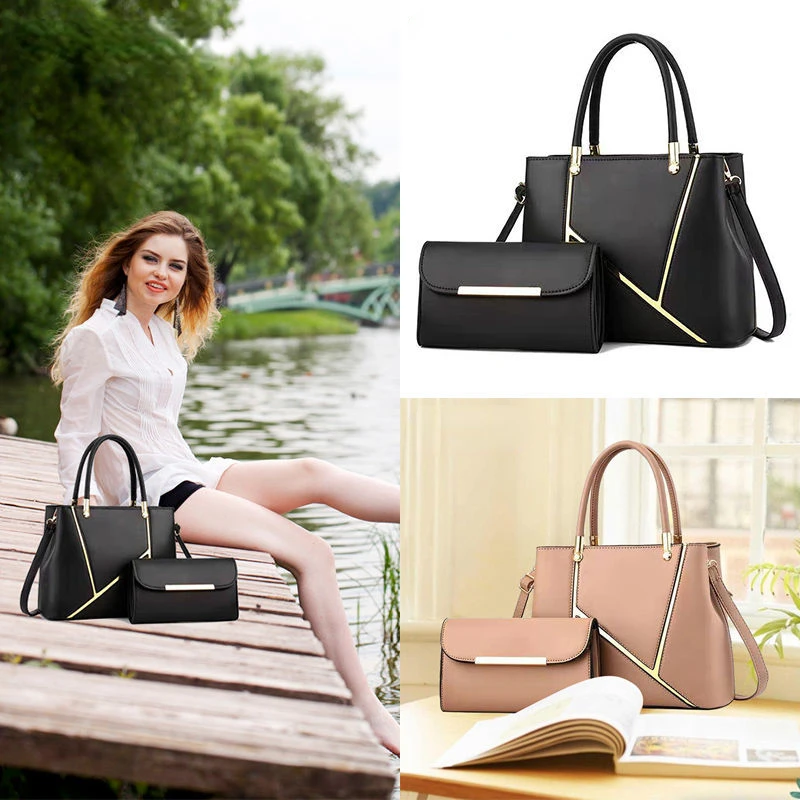 

2PCS Women's Bag Tote Fashion PU Leather Ladies Handbags Solid Shoulder Bag Wallet Bags Large Capacity Trave Bolsa Feminina E636