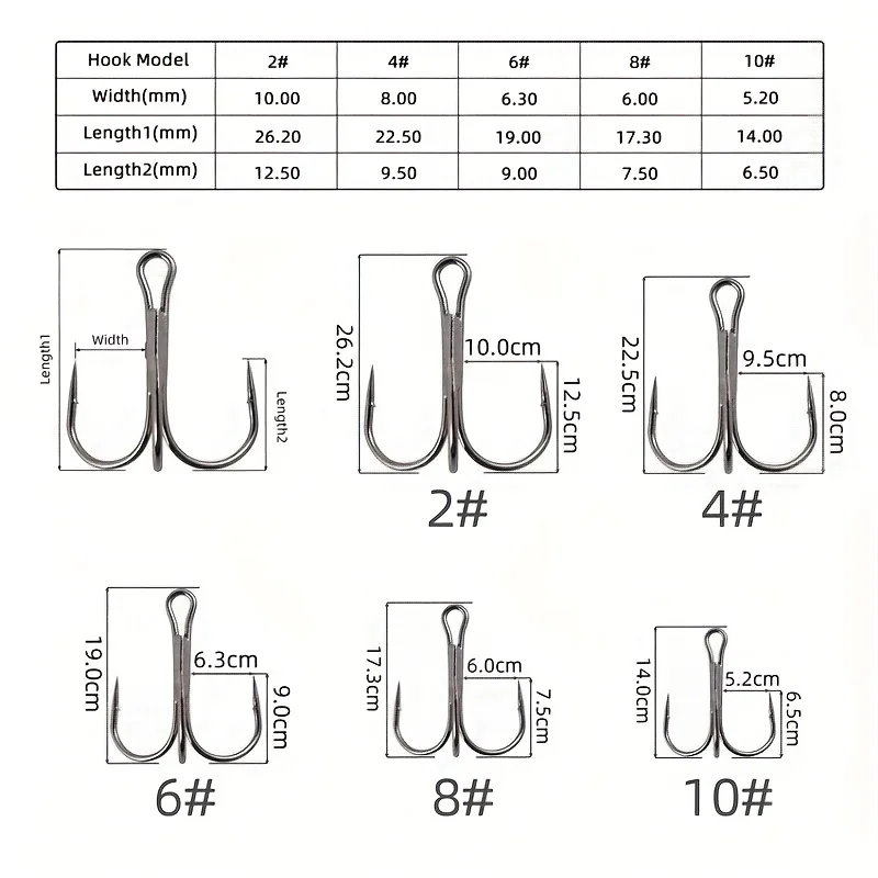 50 Stück Angel-Drillinge mit Widerhaken, gemischt 2–10 # Hochfeste Haken aus Kohlenstoffstahl für Eis, Meer, Karpfenangeln, Köder, scharfes, langlebiges Gerät – Detail 7