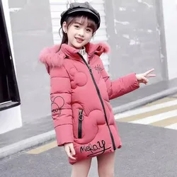 Teenager Big Size Thick Keeping Warm Winter Girls Jacket Slim Long Style Letter Hooded Coat For Girl Children Birthday Present