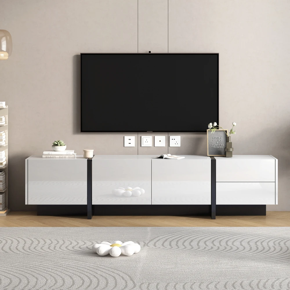 [VIDEO provided] ON-TREND White & Black Contemporary Rectangle Design TV Stand, Unique Style TV Console Table for TVs Up