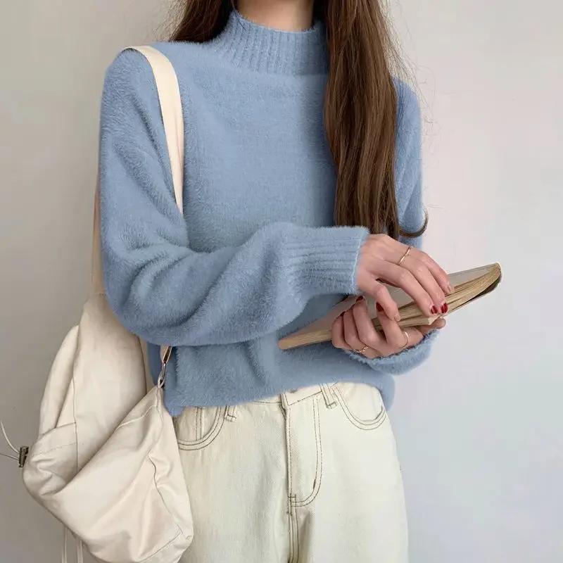 Knitted Top for Women Pullovers Gigh Neck Jerseys Ladies Sweaters Turtleneck Pink 90s Vintage Modern Y2k Fashion Korea Clothes