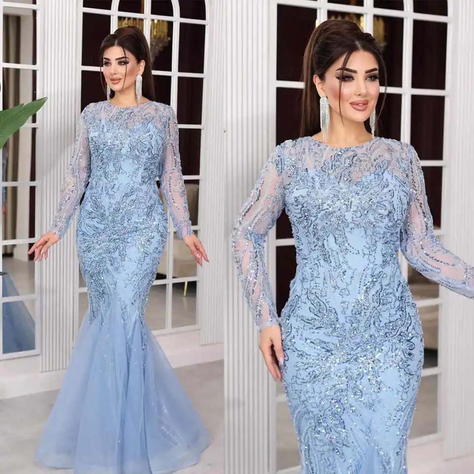 

Luxury Mermaid Evening Dresses O Neck Long Sleeve Lace Appliques Glitter Crystal Prom Dinner Party Customized Vestidos De Noche
