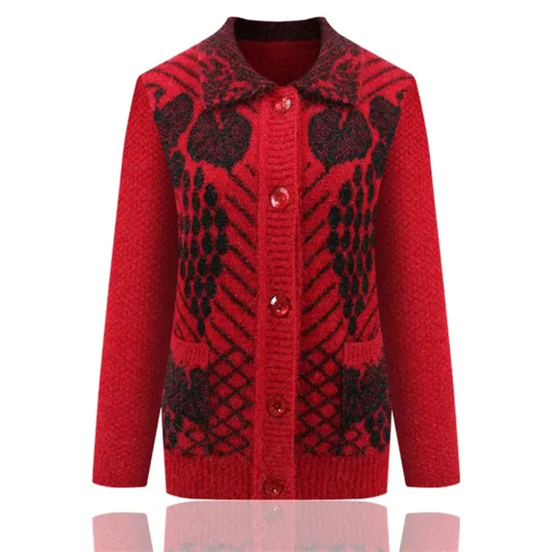 

Middle-Aged Women's Sweater Cardigan Coat Autumn Winter Knitted Outerwear Printing Single-Breasted Female Casual Sweaters Jacket