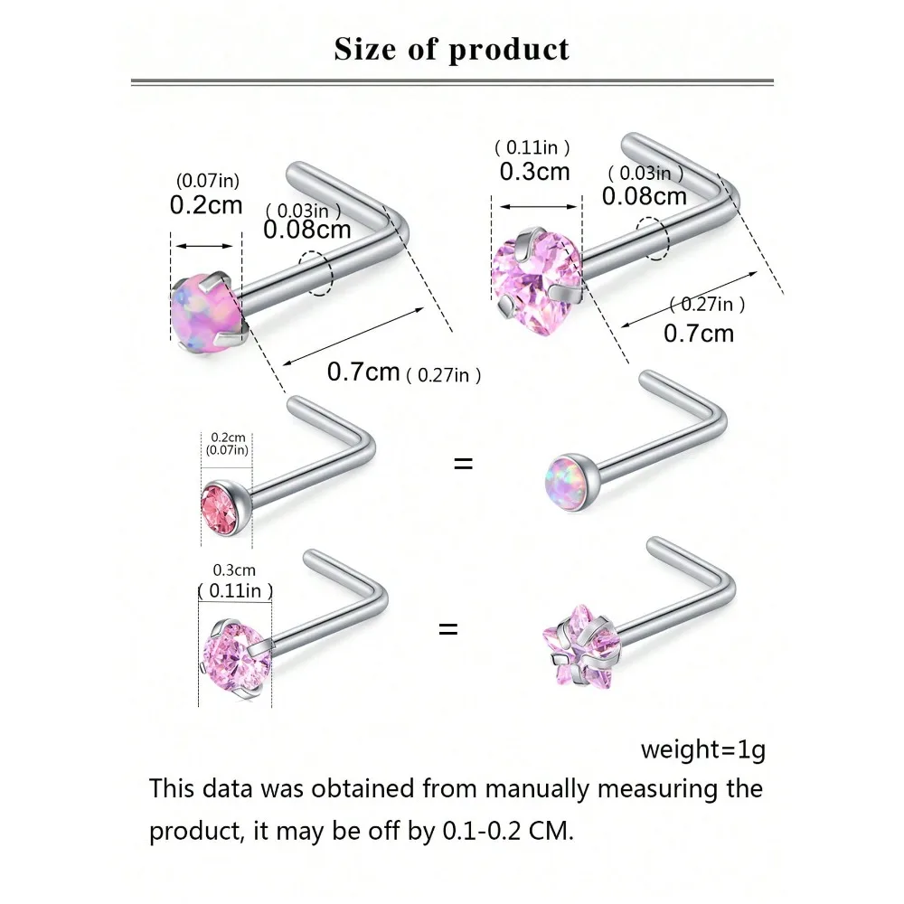 6Pcs Pink Nose Studs Nose Rings 20G L Corkscrew Bone Nose Ring Stud Stainless Steel Nose Screw Studs Nostril Piercing Jewelry