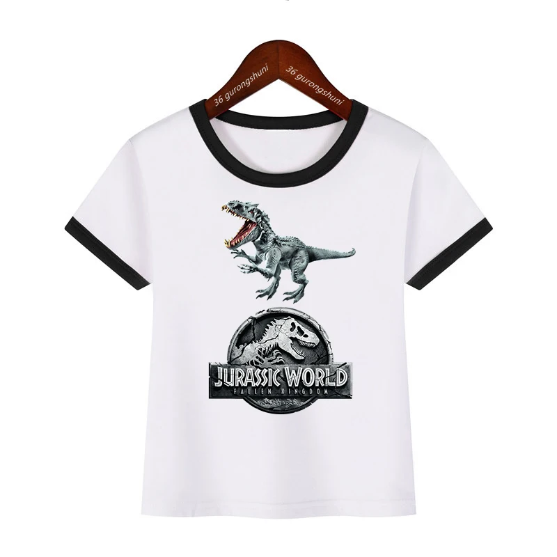 2024 świat jurajski t-shirt z Logo dinozaura nadruk kreskówkowy tyranozaura Rex dla chłopców dziewczyny prezent dla dzieci ubrania czarna strona topy