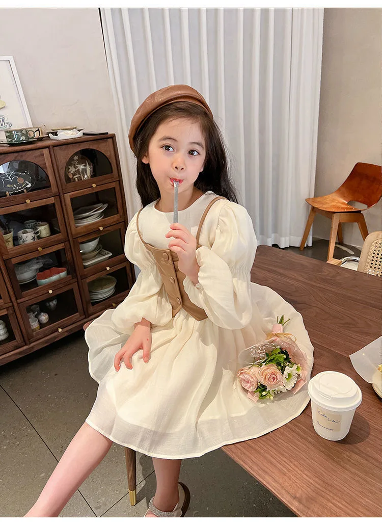 Frühling Herbst Mädchen Kleid Set Langarm Kinder Retro Pu Leder Weste Kleid Set Teenager-Mädchen Kleidung Anzug 4 6 8 12y – Detail 14