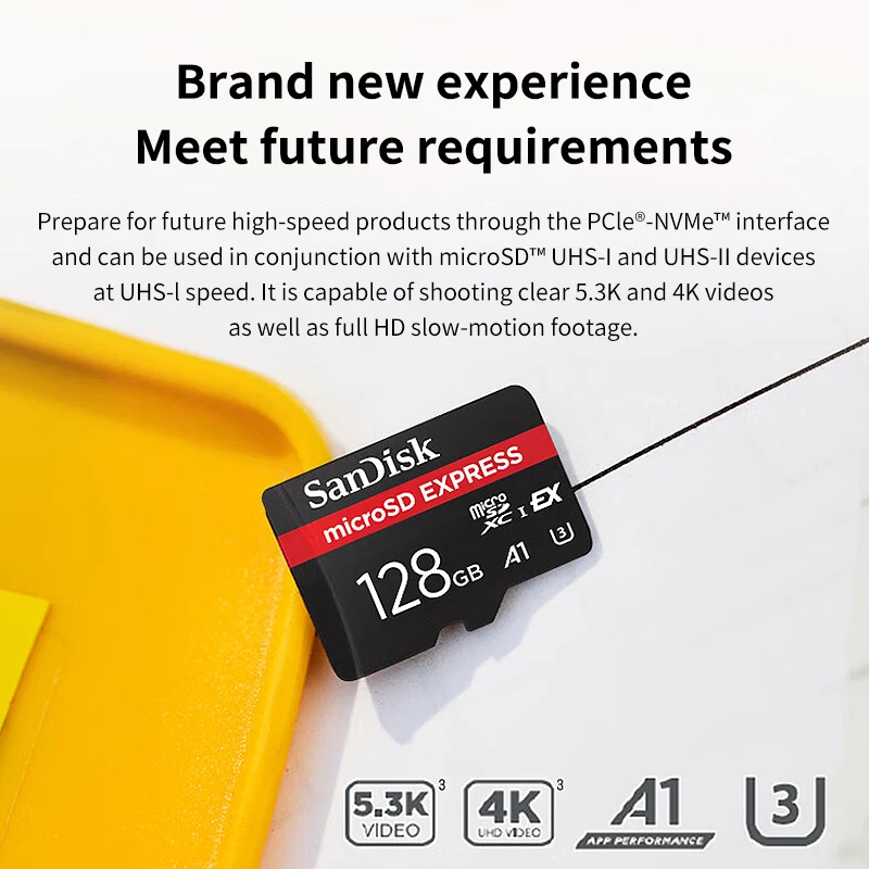 SanDisk microSD Express Card 128GB 256GB A2 5.3K NVMe TF Memory Card for Tablet UAV Switch 2 Max 880Mb/s Micro SD Card for Phone