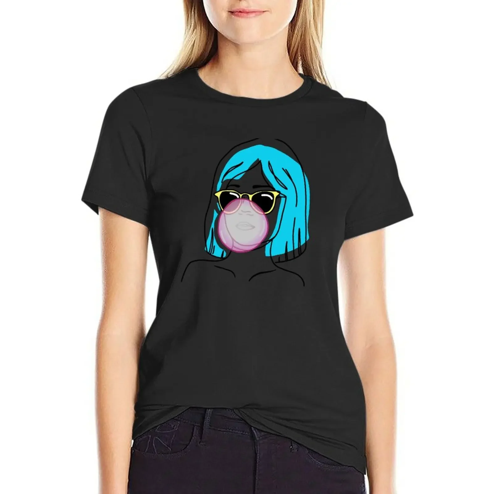 A girl with blue hair and glasses inflates a bubble of gum T-Shirt summer clothes plus size tops anime clothes clothes for Women