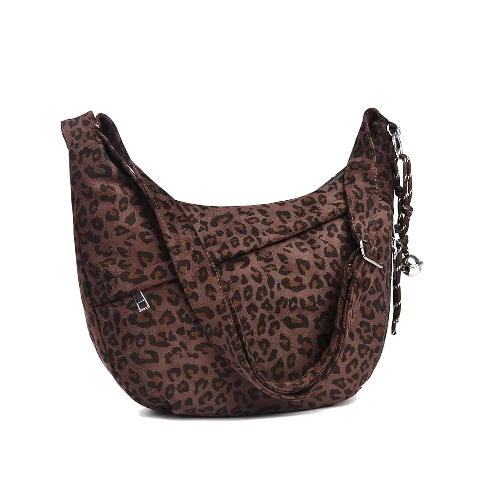 Leopard Print Crossbody Bags for Women, Faux Suede Bag Crescent Hobo Shoulder Purse for Work & Travel