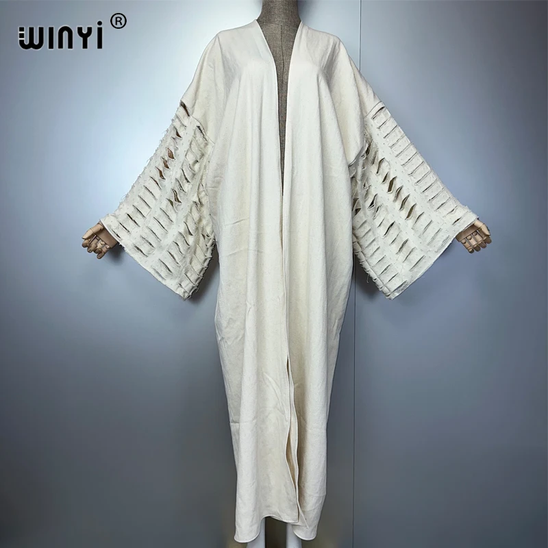 WINYI nuevo abrigo maxi kimono para mujer, abrigo con agujeros, cárdigan vaquero, abrigo largo para cubrir, trajes de playa para mujer, abaya de lujo de Dubái