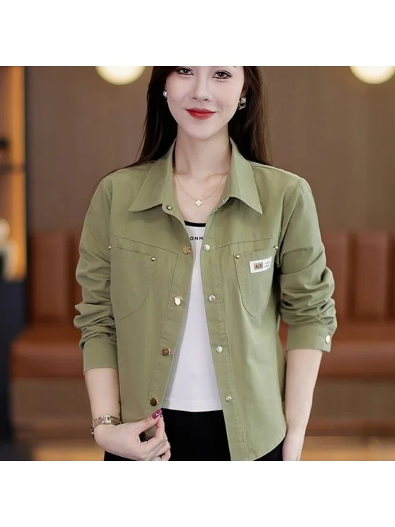 

Pure Cotton Slim Fit Shirt Jacket Women's Spring Autumn New Style Cleanfit Design Button Detail Thinming Effect Top