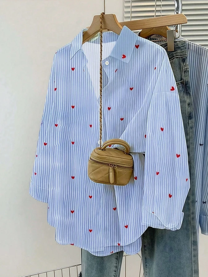 

long sleeved shirt, women's autumn commuting style, blue shirt, cardig Cross border foreign trade, European and American striped