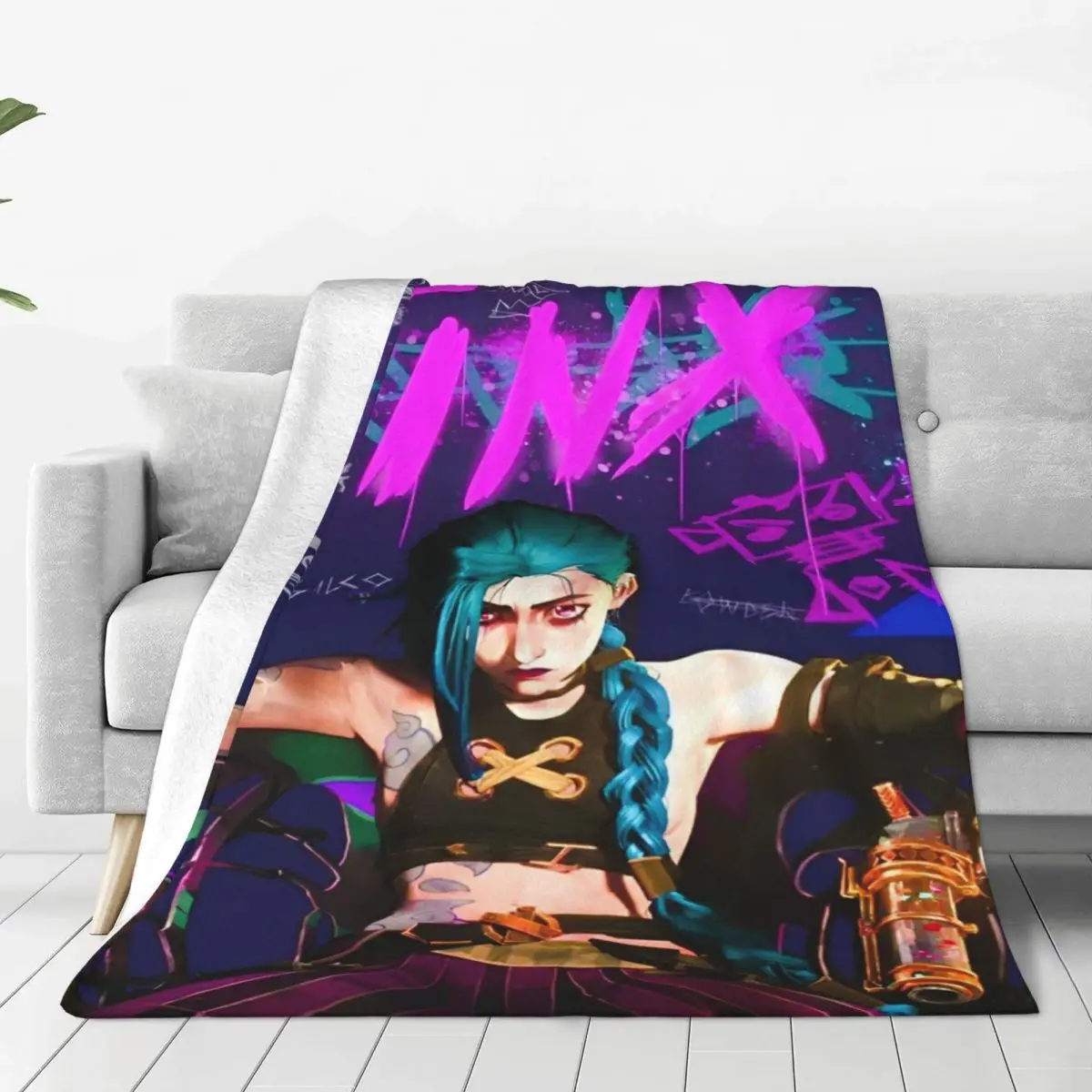 Retro Jinx LOL Anime Blankets Arcane Game Flannel Awesome Breathable Throw Blanket for Bedding Lounge Spring Autumn