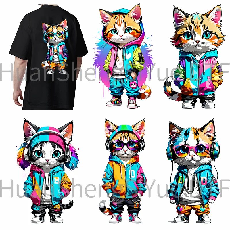 Painted DJ Cartoon Cat Ironing Sticker Clothes DTF Fashion T-shirt Hoodie DIY Jacket Patch Hot paste