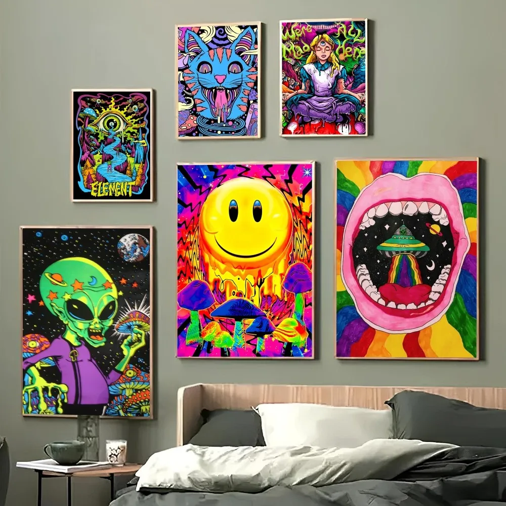 1PC Trippy Skeleton Abstract Psychedelic Mushroom Poster Waterproof HD Sticker Bedroom Entrance Home Living Room Bar Wall Decor