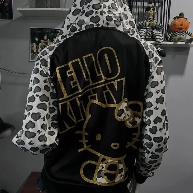 

Sanrio Hello Kitty Leopard Print Hooded Sweatshirt With Autumn Zipper Print Jacket Kawaii Anime Fashion Casual Lady Sets Full