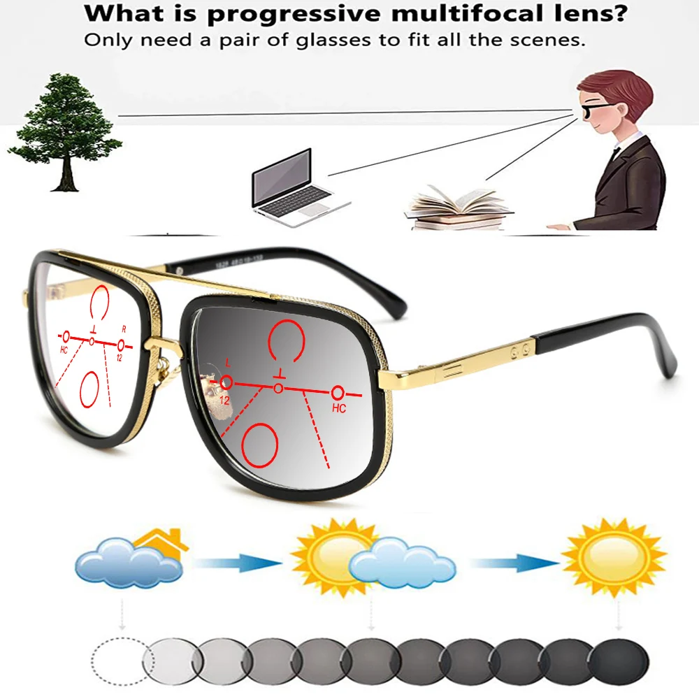 Double Bridge Oversized Trend Square Oversized Frame Comfortable Photochromic Progressive Multifocal Reading Glasses +0.75 To +4