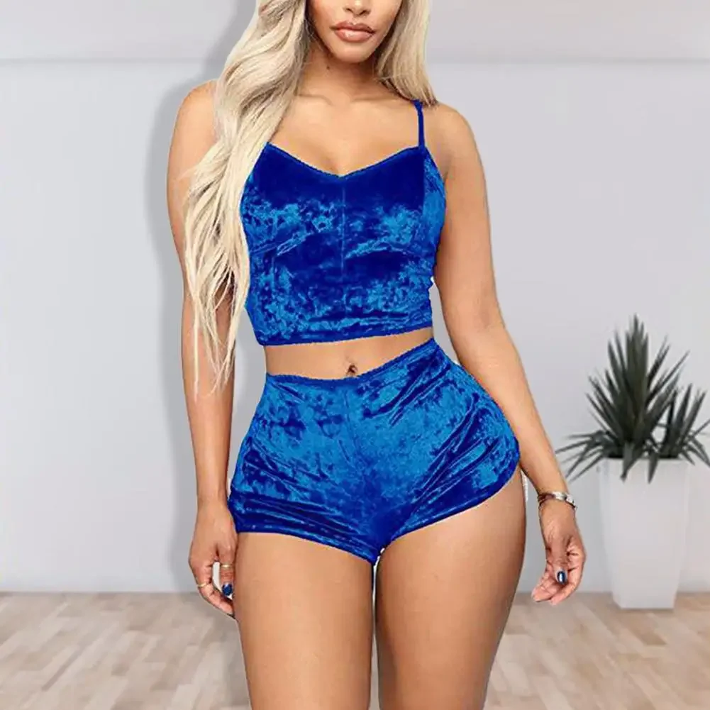 

Velvet Women Pajama Set Spaghetti Strap Solid Backless Sleepwear Set Summer Casual Ladies Bodycon Crop Top Set for Sleeping