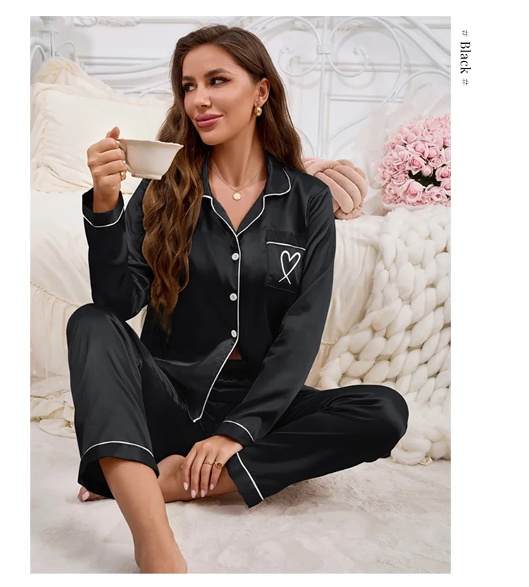 Damen-Pyjama-Set aus Satin, Tasche, herzförmige Stickerei, lange Ärmel, Knöpfe, Revers, Oberteile und elastische Hosen, Loungewear-Pyjama für Damen – Detail 21