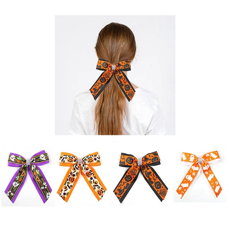 Halloween Bat Ghost Print Diamond Chain Bowknot Hairpin Girls Children Funny Hair Accessories