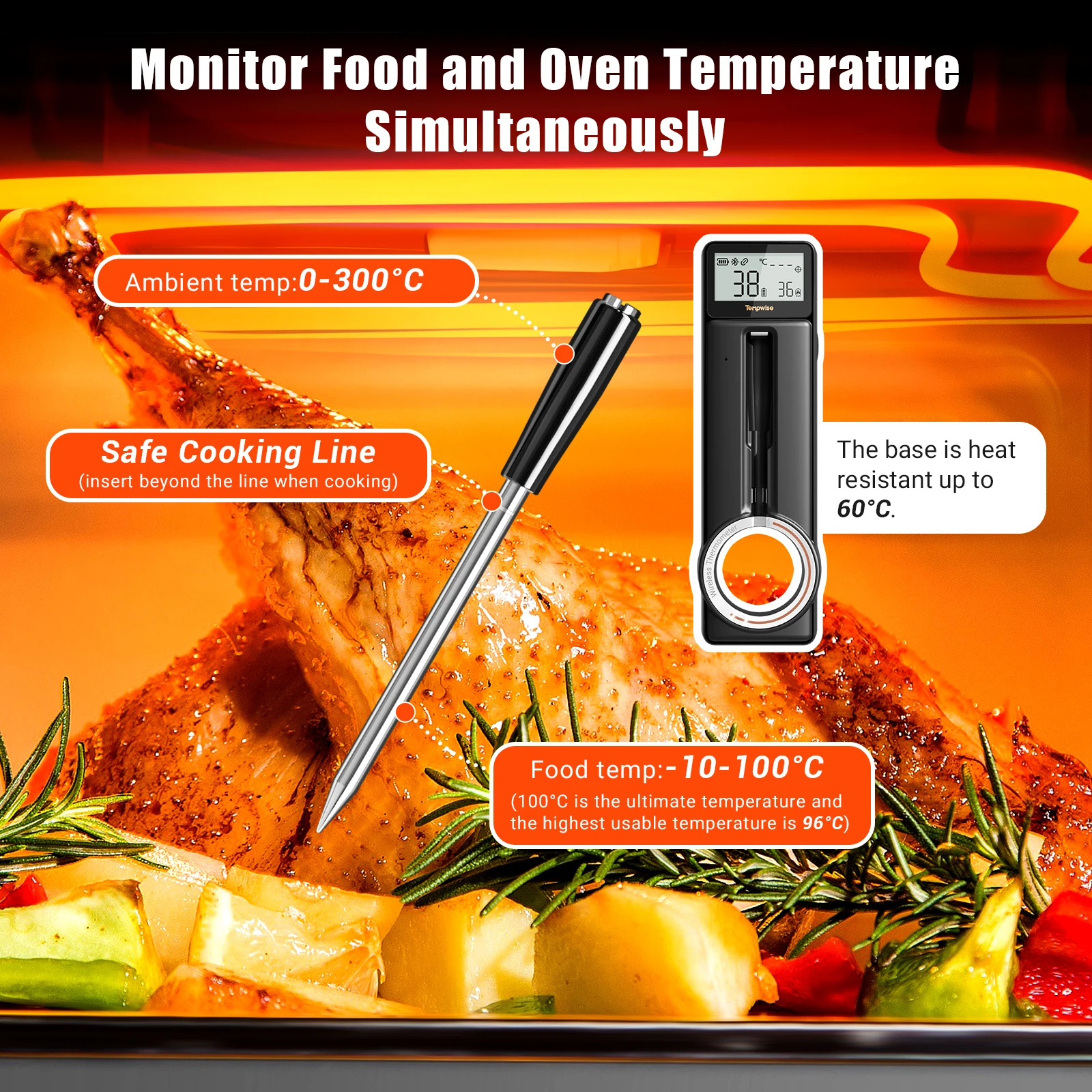 Tempwise Meat Thermometer Bluetooth 5MM Thin Probe HD LCD Display Mul-Temperature Alarms For BBQ Cooking Thermometer Temperature