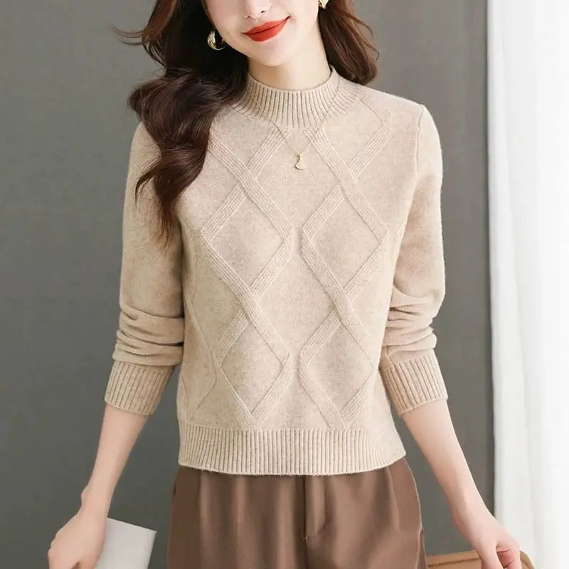 Office Lady Autumn Winter Women's Clothing Solid Color Pullover Long Sleeve Screw Thread Half High Collar Sweater Knitted Tops