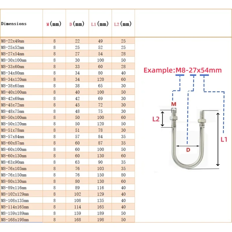 M10 M12 U-shaped Bolt Tube 12-219mm Clamp 304 Stainless Steel U-shaped Screw U-shaped Pipe Clamp Fixing Buckle U-Bolts