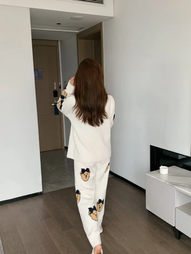 Japanese Kawaii Bear Print Soft Pajama Sets O-neck Pullover Long Sleeve Trousers Homewear Suit Autumn Winter Casual Sleepwear