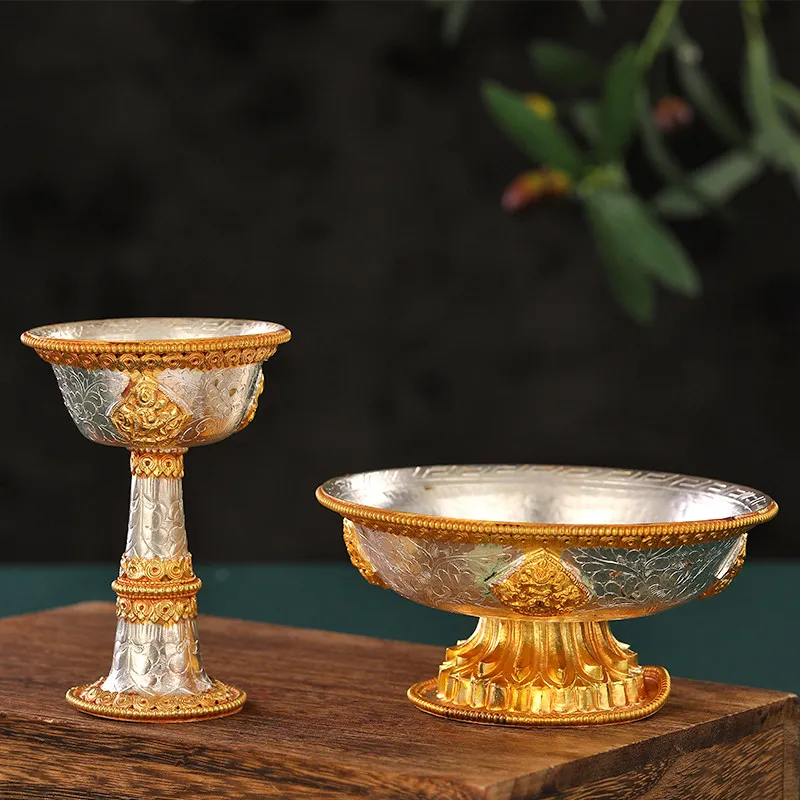 Nepalese Gilt & Silvered Dharma Protector Cup - Tantric Buddhist Ritual Offering Bowl, Holy Water Vessel for Altar