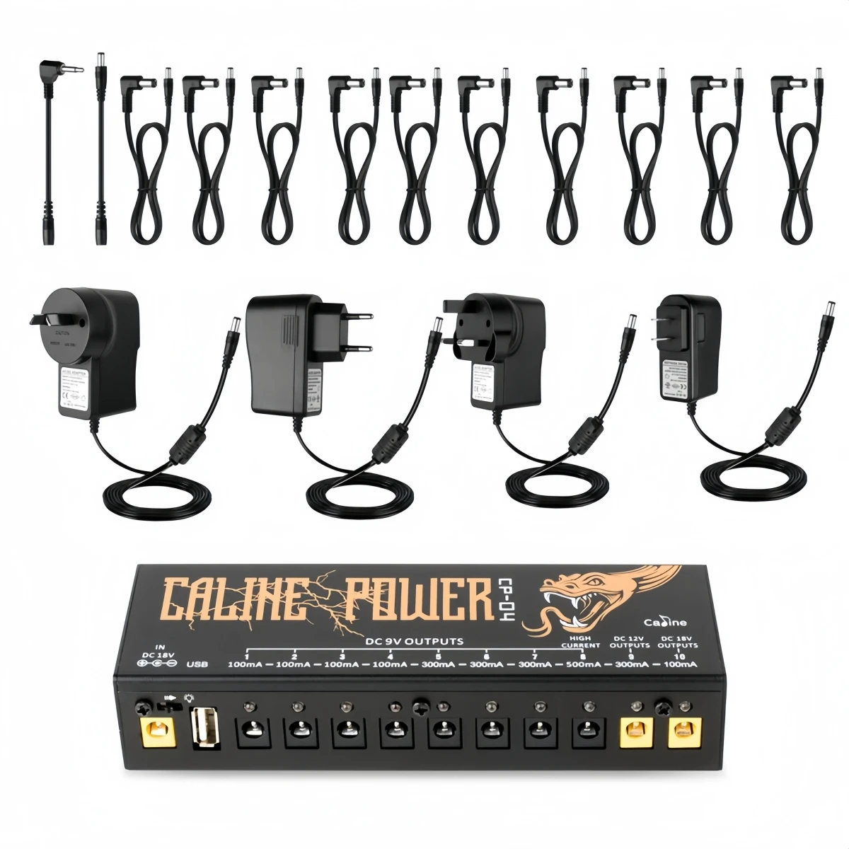 

Блок питания для гитарных педалей CALINE CP-04, 10 изолированных выходов (9В, 12В, 18В), защита от короткого замыкания/перегрузки по току для эффект-педалей