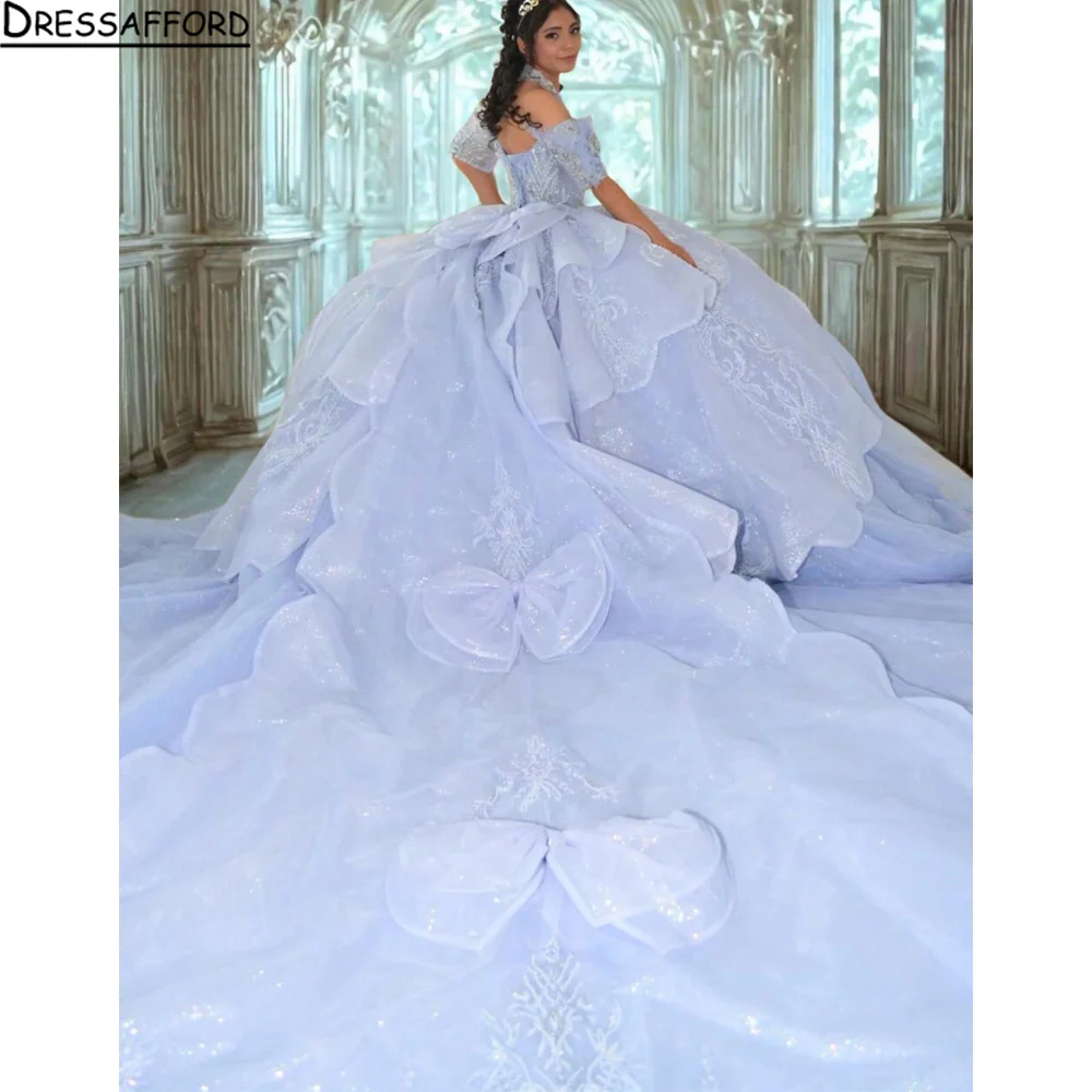 

Пышное платье для квинсеаньеры цвета сирени с открытыми плечами, драпировкой, аппликациями, вырезом «сердечко», из тюля, в стиле принцессы, синее, женское, на заказ