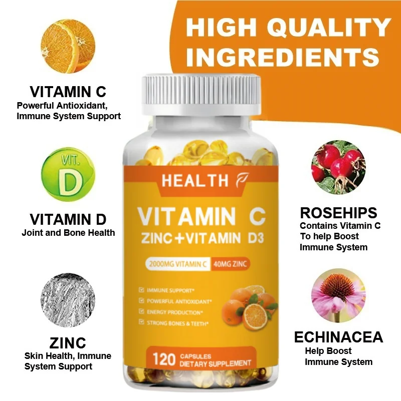 Zinc 40mg Vitamin C 1000mg Vitamin D3 5000 IU Suitable For Immune Support in Adults and Children