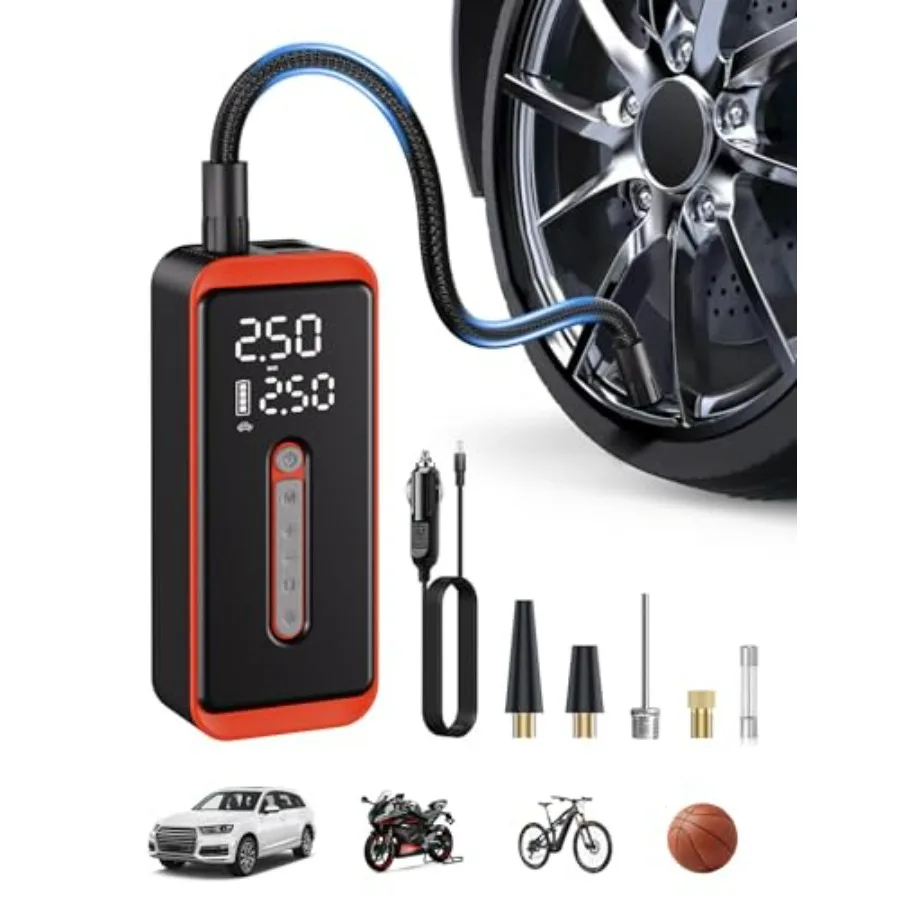 

Портативный электрический насос для накачивания шин 12 В постоянного тока 150 фунтов на квадратный дюйм, беспроводной воздушный насос со светодиодной подсветкой и цифровым манометром для автомобиля, велосипеда, мотоцикла