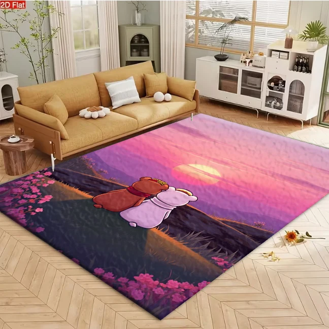 Cute Cartoon Bears Watching Sunset Carpet Flooring, Romantic Pink Sky Non-Slip Floor Rug for Kids Bedroom Living Room Home Decoration