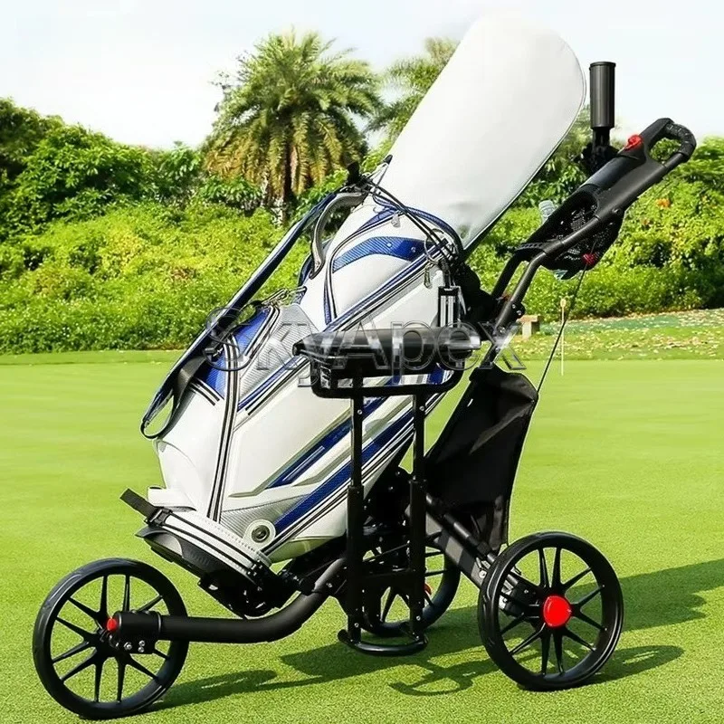 Foldable Three Wheels Aluminum Golf Push Trolley Cart With Seat And Umbrella Holder Lightweight Golf Bag Carrier Daily Activity