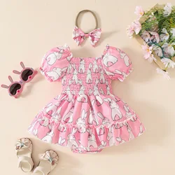 Baby Girls Easter Bunny Pattern Bodysuit 0-18M Sweet Infant Square Neck Jumpsuit Toddler Short Sleeve One Piece Newborn Dress