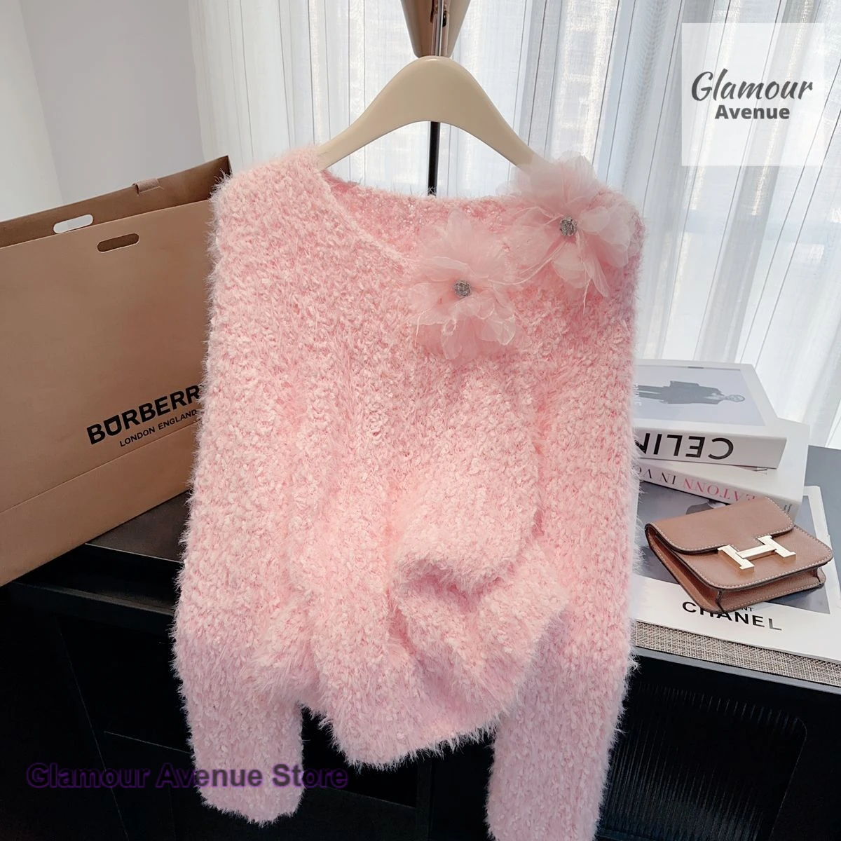 

French three-dimensional flower V-neck mink-like sweater women's autumn and winter sweet age-reducing soft waxy sweater top