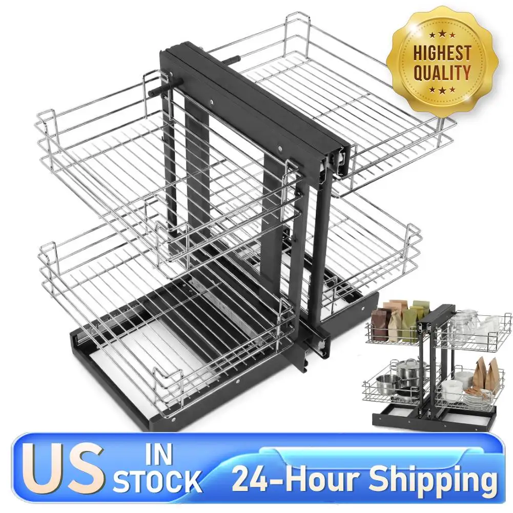 

Выдвижной органайзер для глухих угловых шкафов, 2-уровневый, левый и правый, 4 полки для тарелок, мисок, бутылок с приправами