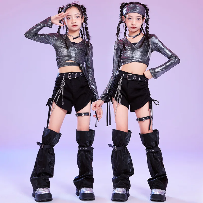 

Kid Hip Hop Clothing Silver Black Wrap Lace up Long Sleeve Crop Top Ruched Drawstring Shorts for Girl Jazz Dance Costume Clothes