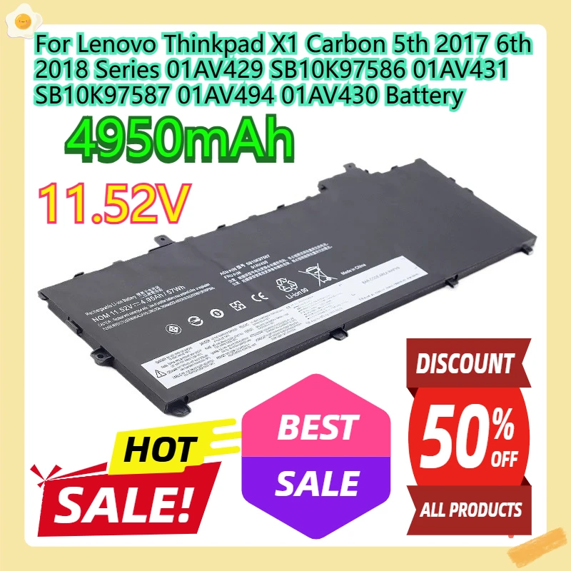 

For Lenovo Thinkpad X1 Carbon 5th 2017 6th 2018 Series 01AV429 SB10K97586 01AV431 SB10K97587 01AV494 01AV430 Battery