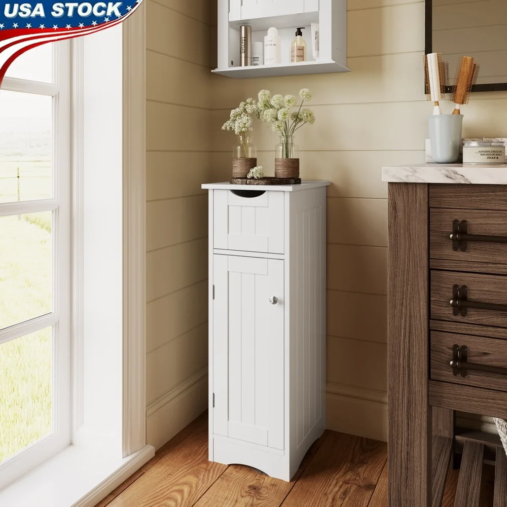 

Narrow Bathroom Storage Cabinet with Drawer and Adjustable Shelves Slim Unit Laundry Room Entryway Organization Indoor Use