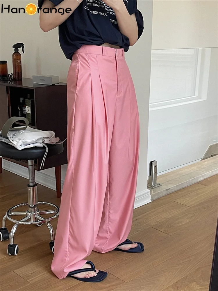 HanOrange 2024 Summer Fashion Pleated High Waist Wide Leg Pants Women Loose Drape Cool Feeling Casual Trousers Female